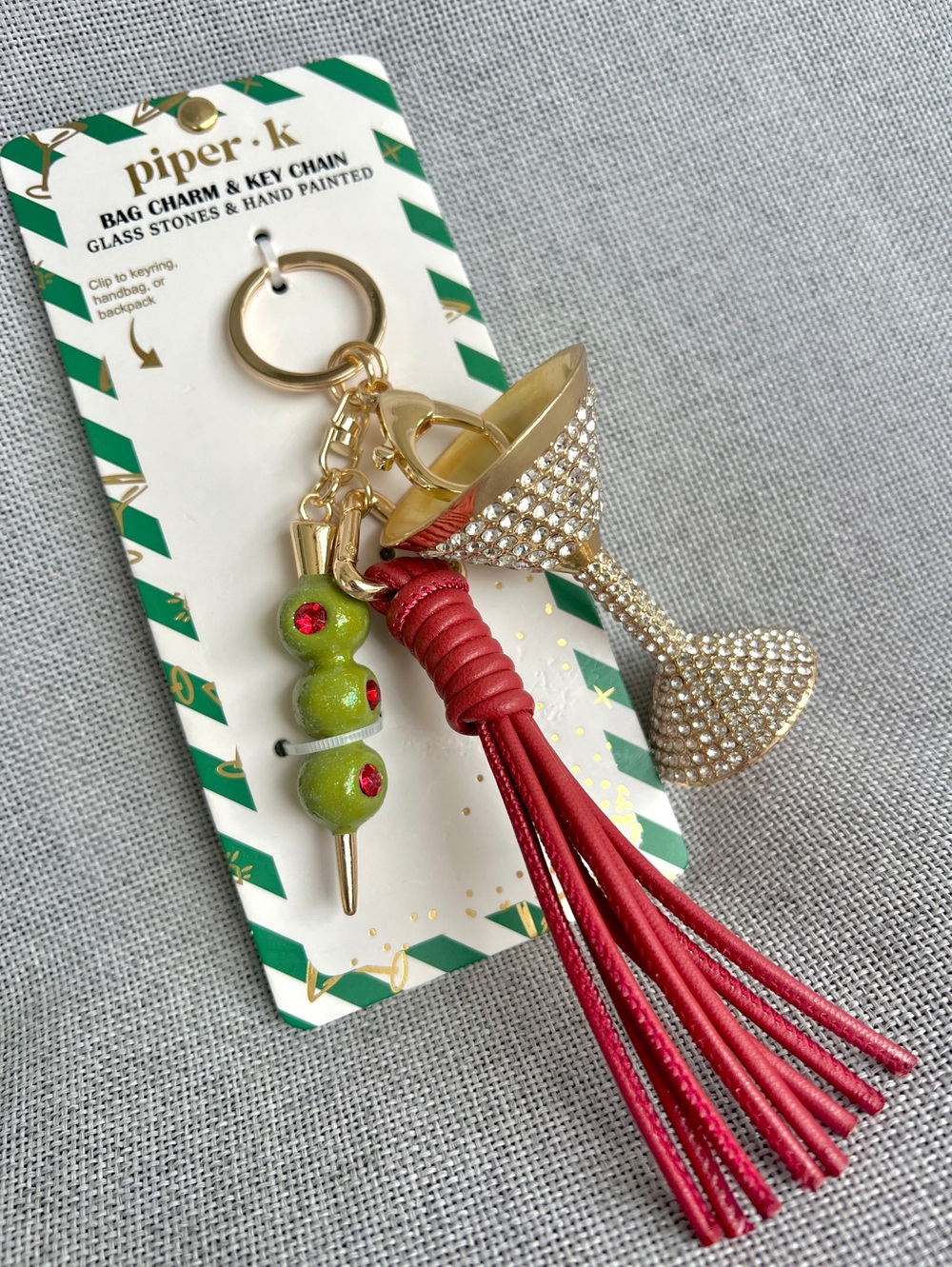 Piper K Bag Charm & Key Chain Martini glass crystals olives red tassel gold NWT